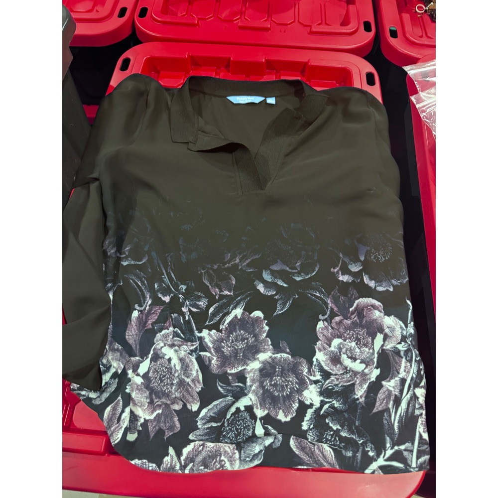 Simply Vera Vera Wang Floral Border Print Polo Neck Blouse XL Olive Green Black